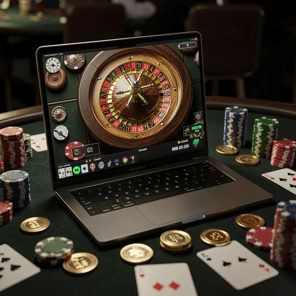 Stylish online roulette interface on a laptop surrounded by casino chips and cards highlighting the immersive live dealer games available at NN PH in the Philippines