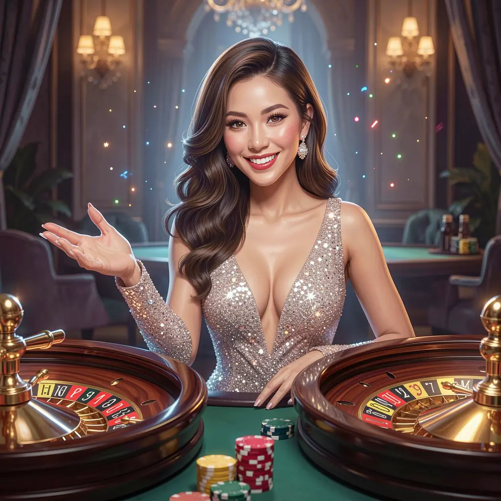 Stylish live casino dealer reaching out with confidence against a vibrant roulette background symbolizing trusted NN PH login for players in the Philippines