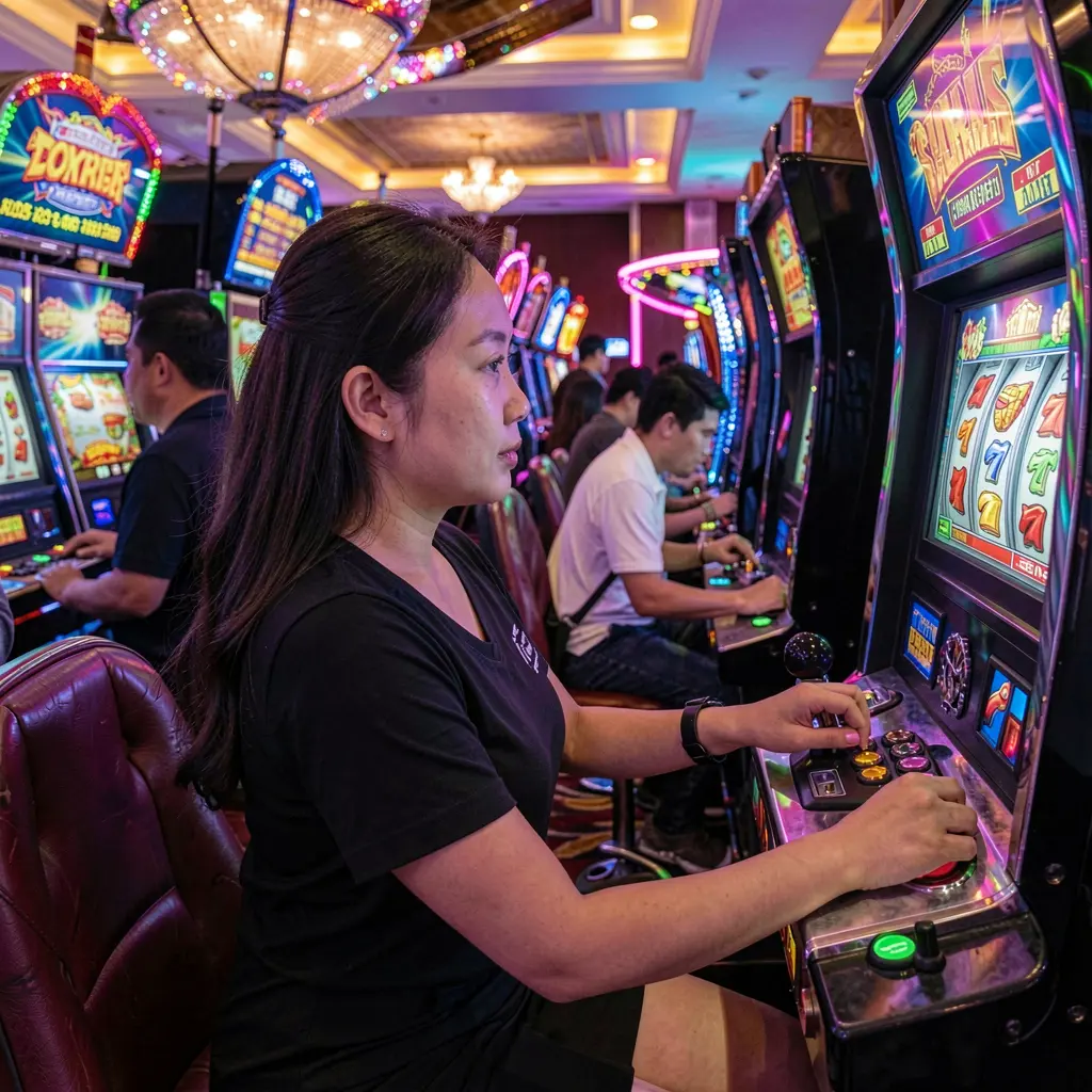 Focused Filipino player enjoying vibrant slot machine action in a colorful casino atmosphere at NN PH Philippines